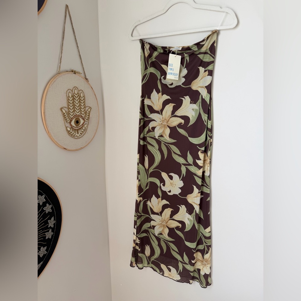 Viral see you Monday brown Lily Floral strapless midi dress